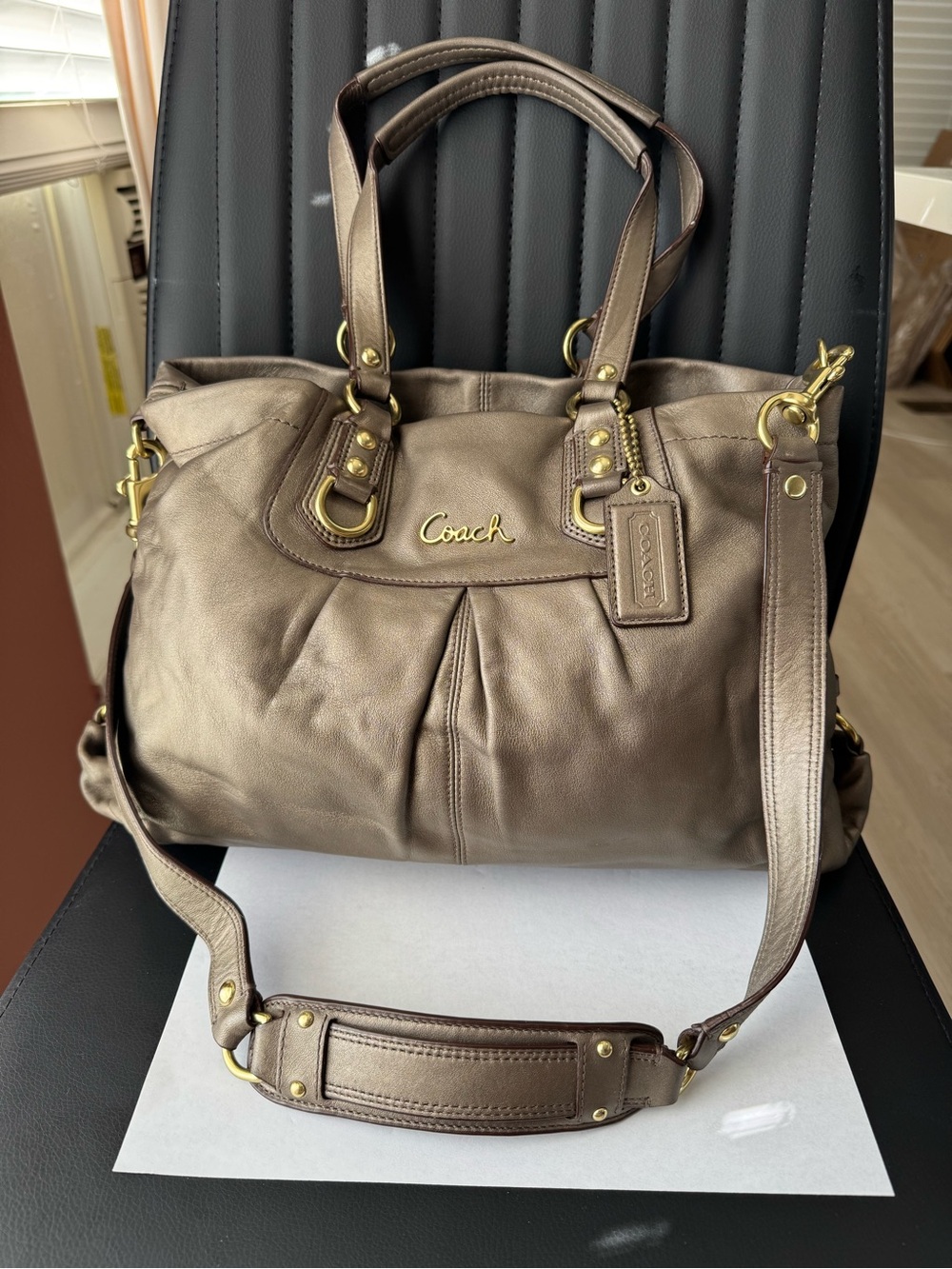 Coach Ashley Leather Carryall Shoulder Bag Purse Metallic Bronze F15513